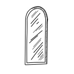 A tall, arched mirror stands against a plain surface, showcasing clean lines and a minimalist design. This decorative piece enhances the aesthetic of any room.