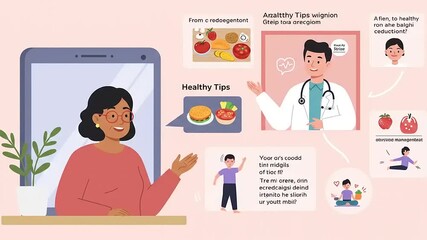 Woman engaging in a virtual health consultation with a doctor, discussing healthy eating tips and lifestyle changes