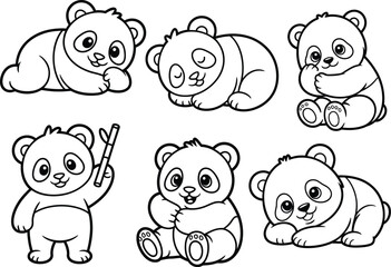 Obraz premium Cute Panda Bear Cubs Vector Set in Black and White Outline for Coloring Book and Kids Design .