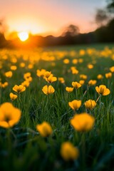 Obraz premium Golden Hour Blossom Meadow A Tranquil Field of Wildflowers Illuminated by the Setting Sun s Warmth