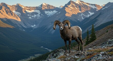 Fototapeta premium Majestic ram stands proudly before valley and towering, snow-capped mountain peaks