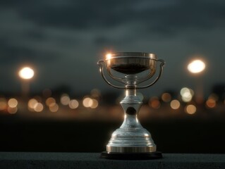 Shiny trophy cup in stadium at night with blurred scoreboard background