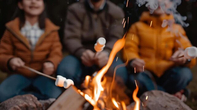 Family roasting marshmallows over a bonfire in a cozy autumn setting, evening glow, happy faces, and warmth, representing cherished fall moments