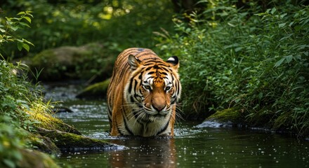 Alert tiger wading through shallow stream in dense green foliage