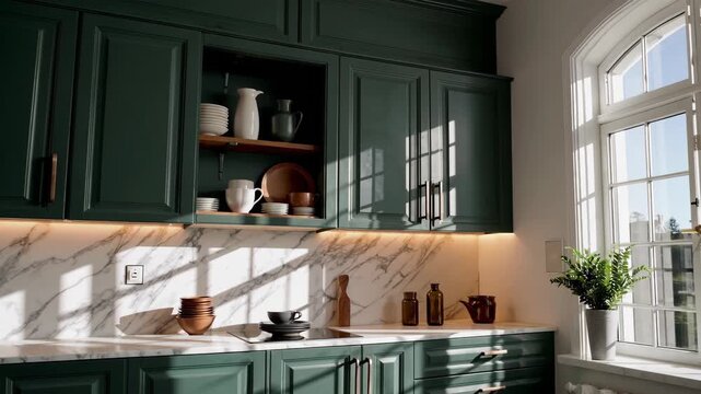 Aesthetic kitchen interior featuring elegant green cabinets and marble backsplash and window, Scandinavian style.
