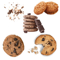 Chocolate Chip Cookies – Whole, Crumbled, and Half-Eaten (Isolated PNG)