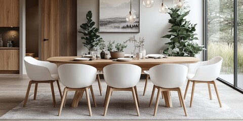 Wooden table with white chairs, demonstrating Scandinavian interior design for a modern dining room, Generative AI