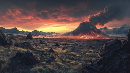 Fototapeta premium Icelandic landscape with black rocks, grass, and a volcano in the background at sunset.
