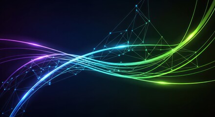 Abstract blue-green light waves connected by a glowing geometric mesh