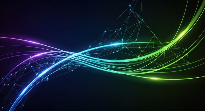 Abstract blue-green light waves connected by a glowing geometric mesh