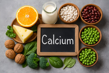 「Calcium」の文字が書かれた黒板を中心に、カルシウム豊富な食品を美しく配置した栄養ビジュアル｜チーズ・豆・ミルク・ブロッコリー・ほうれん草・オレンジなどのミネラル食材構図