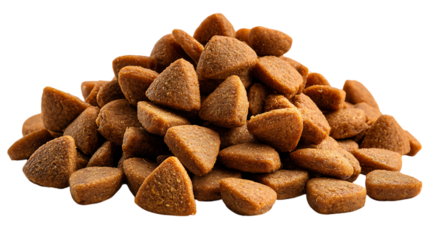 Pile of dry pet food kibble isolated on transparent background