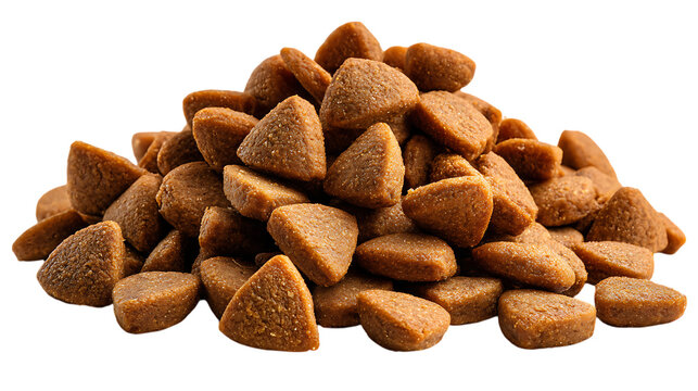 Pile of dry pet food kibble isolated on transparent background