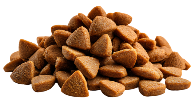 Pile of dry pet food kibble isolated on transparent background