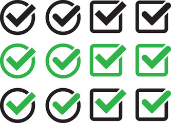 Check mark icons button set. yes or no checkmark sign. Check box icon with right and wrong buttons. black tick box and black cross symbol
