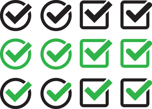 Check mark icons button set. yes or no checkmark sign. Check box icon with right and wrong buttons. black tick box and black cross symbol
