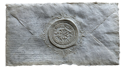 An old, weathered white envelope with an ornate wax seal in the center. The ink writing on the paper is faded and difficult to read, but there are still visible details around the edges. 