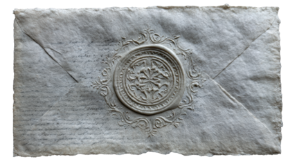 An old, weathered white envelope with an ornate wax seal in the center. The ink writing on the paper is faded and difficult to read, but there are still visible details around the edges. 