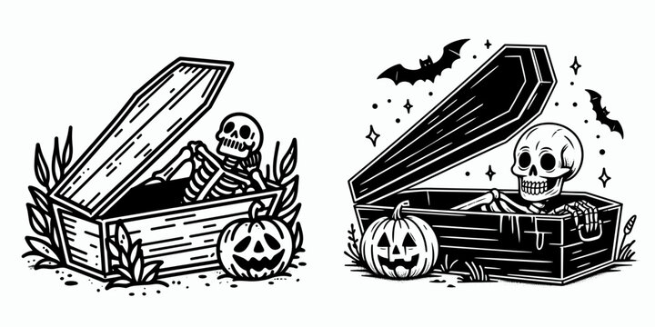 A Skeleton peeking from coffin Halloween. Funny Happy Retro Cartoon Clipart Silhouette Line Art Vector Illustration. Spooky bone figure popping out of box fright night party decoration.