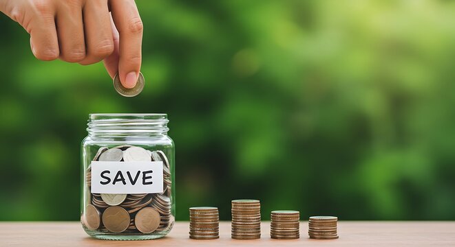 Saving money concept Hand putting coin into glass jar save
