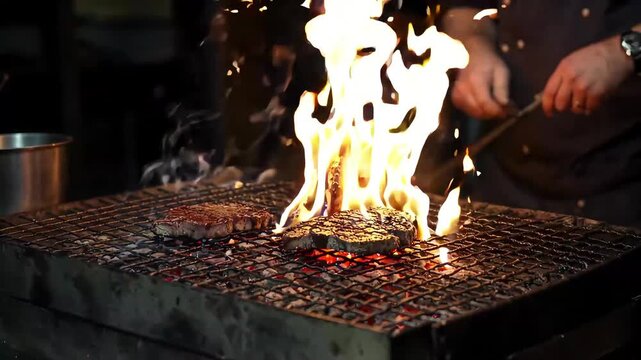 Two steaks sizzle on a grill under fiery flames overseen by a chefs hand