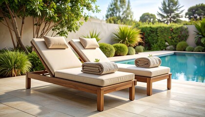 Fototapeta premium A luxurious resort swimming pool features elegant outdoor furniture, including chairs, tables, and umbrellas, creating a perfect summer relaxation spot
