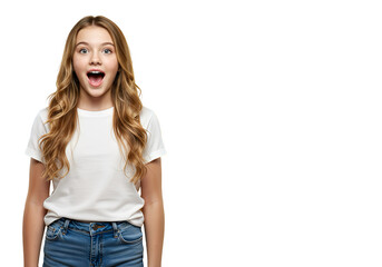 Obraz premium A girl looking amazed with open mouth on transparent background.
