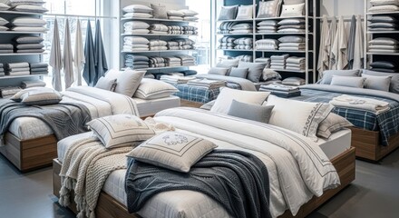 Beds displayed in a home goods store with neat rows of linens