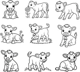 Obraz premium Adorable Calf Collection Playful Farm Animal Sketches in Black and White for 