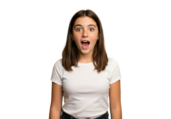 A girl looking amazed with open mouth on transparent background.