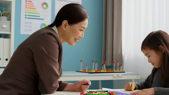 Woman smiles watching a girl color at a table in a brightly lit room A math toy sits behind them