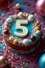 Colorful festive cake with decorative icing and number 5 on top for kids birthday