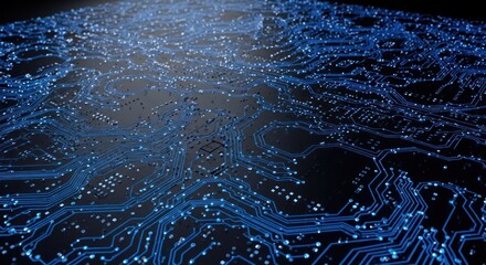 Circuit board pattern in blue, abstract, receding into darkness