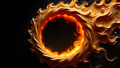 Cosmic Vortex of Fire and Gold: An artistic interpretation of an ethereal vortex, rendered in mesmerizing detail, ablaze with radiant orange fire and golden hues against a backdrop of a deep black.