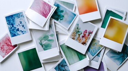 Colorful instant photo prints scattered on table
