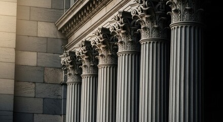 Classic columns line building's side, detailed capitals, stone texture