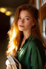 Fototapeta premium Young caucasian female in library holding books with thoughtful expression