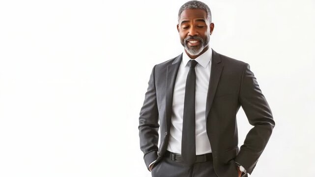 Man in suit standing confidently, hands on hips.