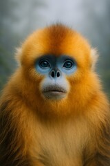 Fototapeta premium Golden Snub Nosed Monkey Close Up in Misty Forest with Ice Blue Eyes and Fluffy Orange Fur