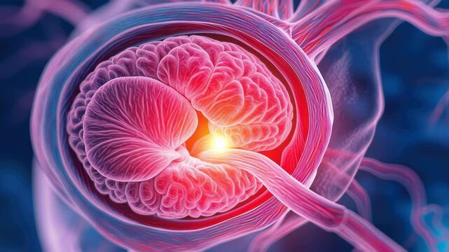 Highly detailed anatomical illustration of an enlarged prostate gland, showing the surrounding tissues, accurate medical representation, cross-sectional view, clear labels