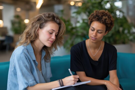 Young caucasian and african female colleagues collaborating in modern office setting
