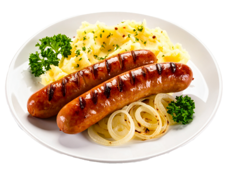Delicious Plate of Grilled Sausages with Mashed Potatoes and Grilled Onions Isolated on Transparent or White Background. - Powered by Adobe