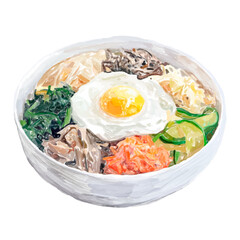 Png bibimbap bowl watercolor illustration, transparent background