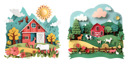 Obraz premium Countryside farm scene with barn and animals isolated on transparent PNG image perfect for rural-themed children’s illustrations