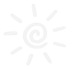 White spiral sun icon with hand-drawn rays on transparent background. Concept of summer heat, sunscreen protection and vacation