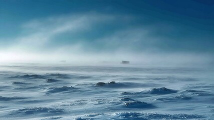 Blizzard sweeping across open tundra heavy snow whiteout visibility frozen landscape wind streaks survival themed winter image