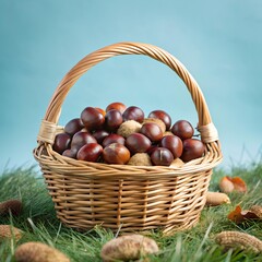 Chestnuts in rustic wicker basket on green grass with scattered husks, set against soft blue backdrop evoking seasonal harvest and autumn calm