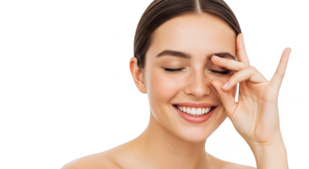 A happy young woman with freckles smiles brightly, touching her eye with her fingers isolated on transparent background
