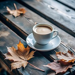 White ceramic cup with warm beverage on saucer placed among brown autumn leaves on rustic wooden table, evoking coziness and seasonal charm
