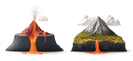 Two 3D models of landforms, one a volcano erupting, the other a mountain with a valley